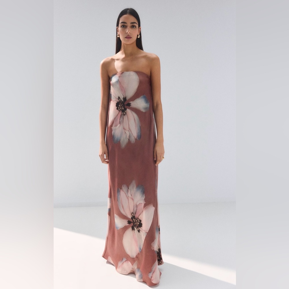 Mango Strapless Floral Gown in Rust and Blush
